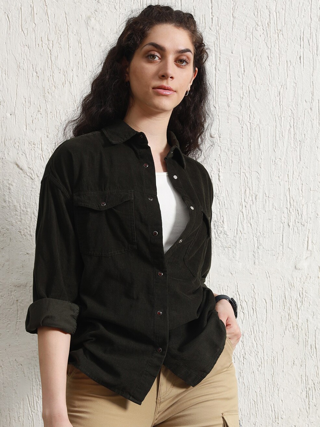 

Hubberholme Classic Spread Collar Cotton Oversized Casual Shirt, Green