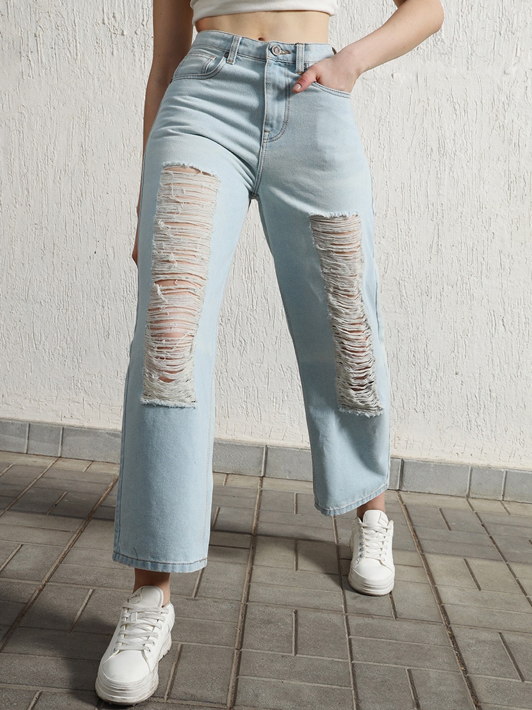 

Hubberholme Women Relaxed Straight Fit High-Rise Highly Distressed Pure Cotton Jeans, Blue