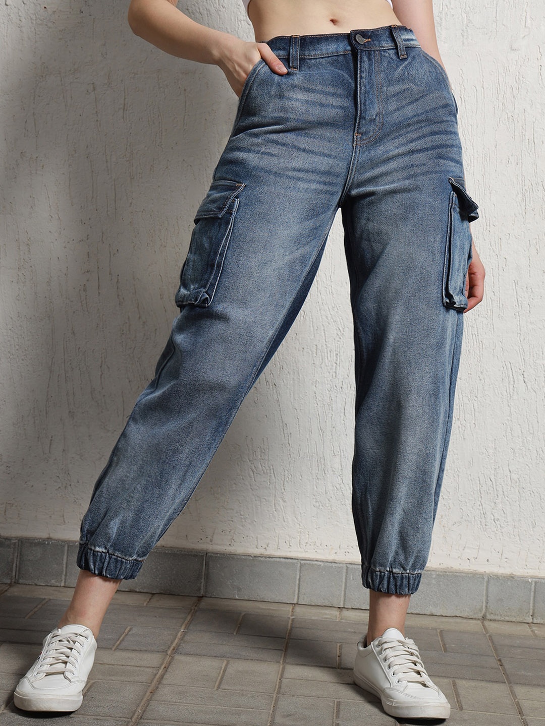 

Hubberholme Women relaxed Fit High-Rise Pure Cotton Cargo Jogger Jeans, Blue