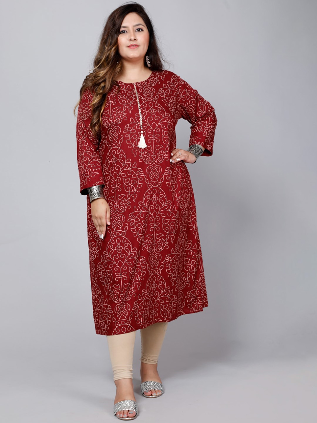 

PUMPUI Plus Size Floral Printed Round Neck Long Sleeves A-Line Kurta, Maroon