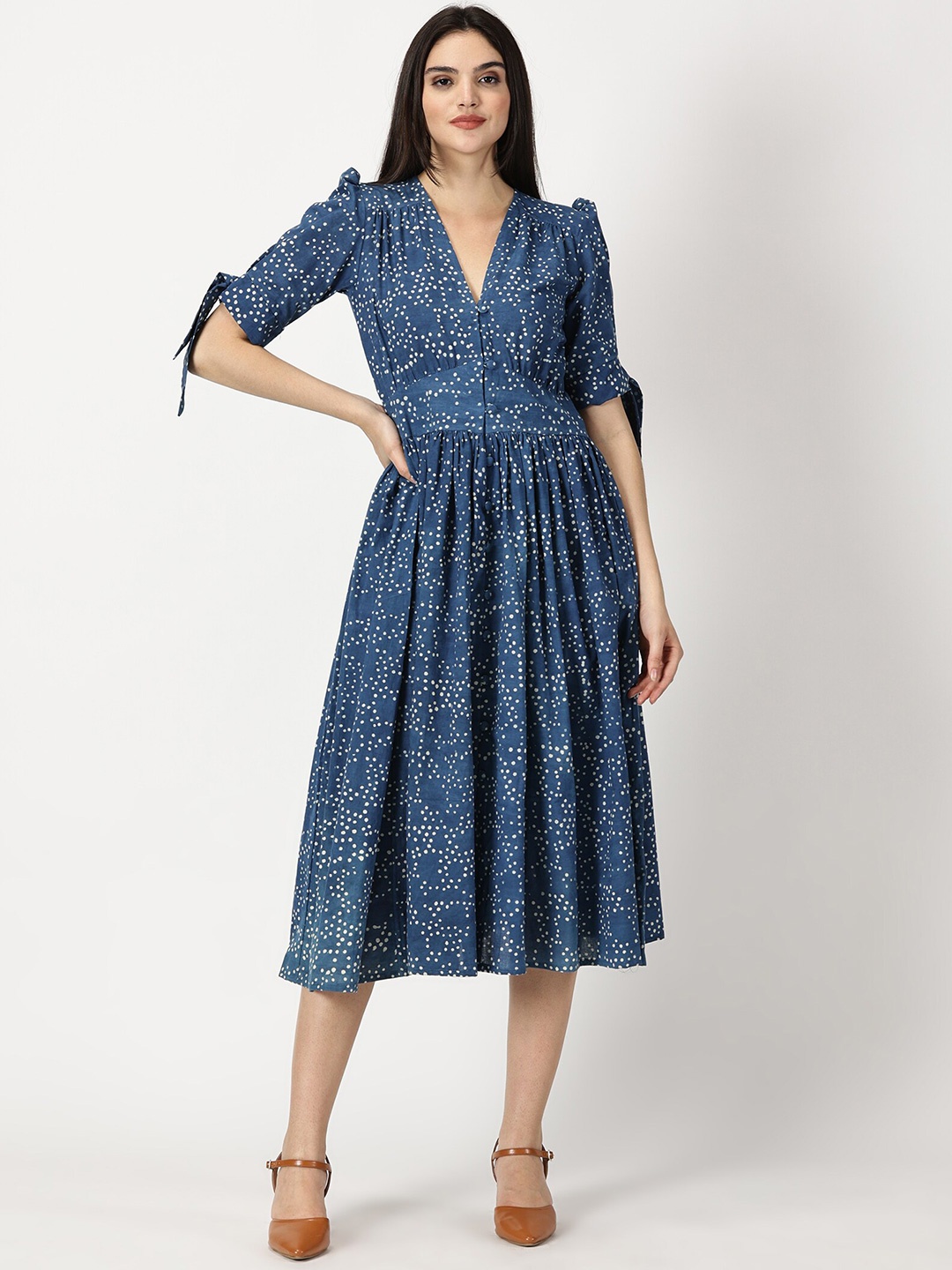 

Weaves of Tradition Printed Fit & Flare Midi Dress, Blue