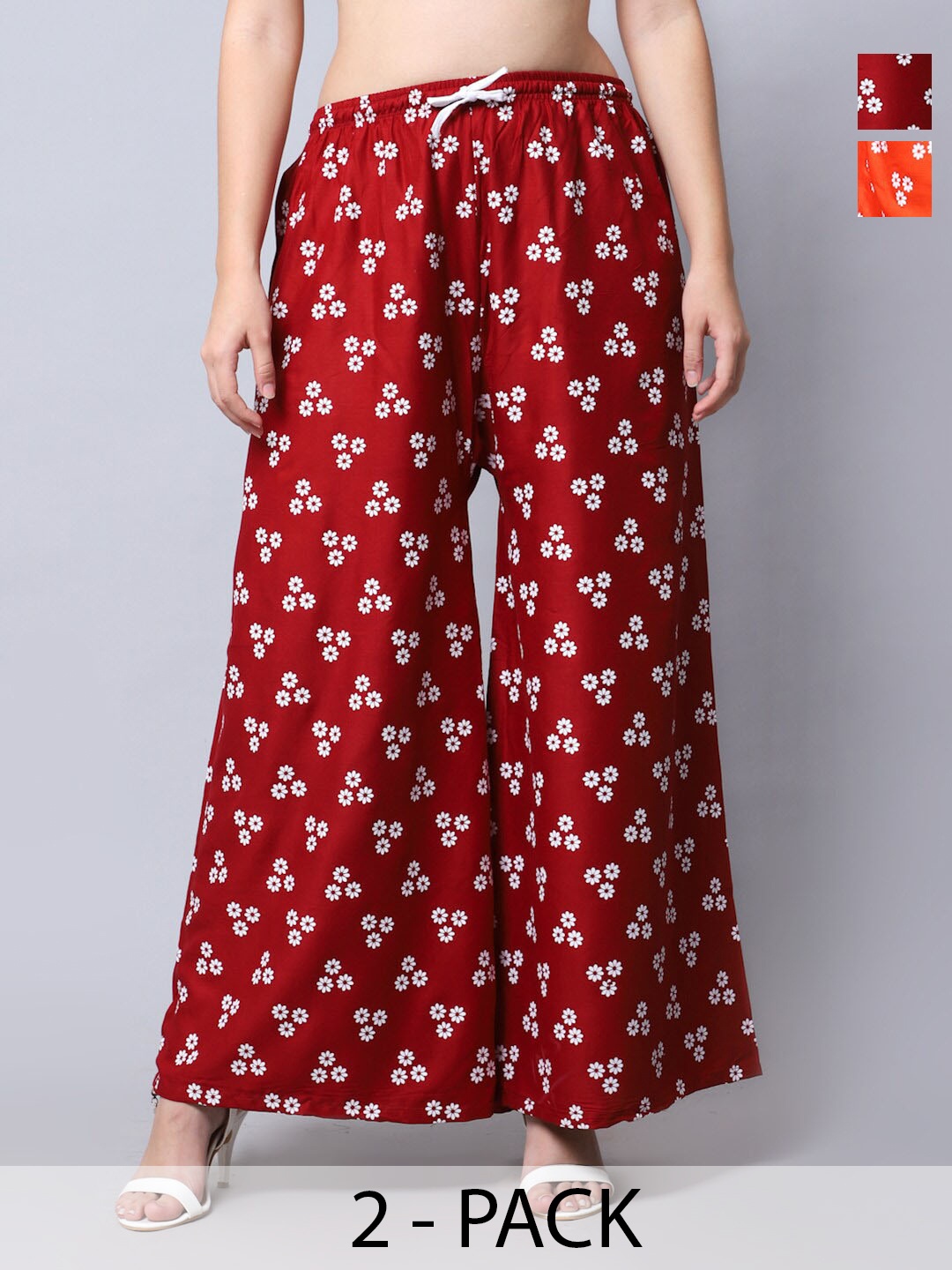

GRACIT Pack Of 2 Floral Printed Flared Knitted Palazzos, Orange