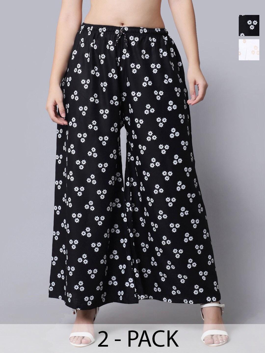 

GRACIT Pack of 2 Floral Printed Flared Ethnic Palazzos, Black