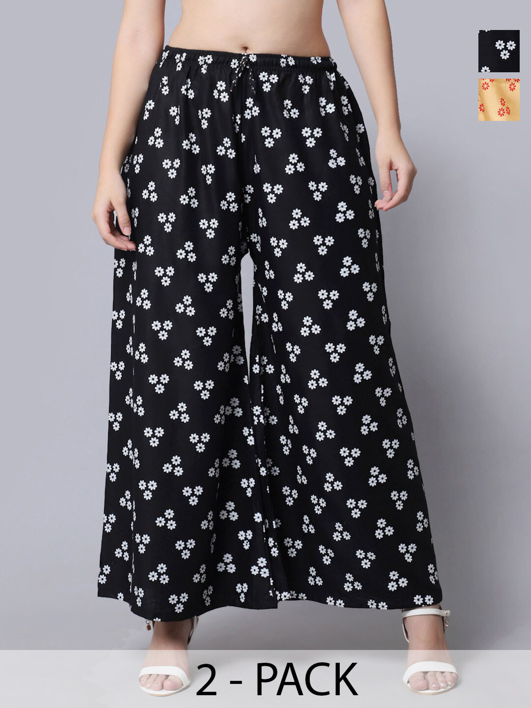 

GRACIT Pack Of 2 Floral Printed Flared Knitted Palazzos, Black