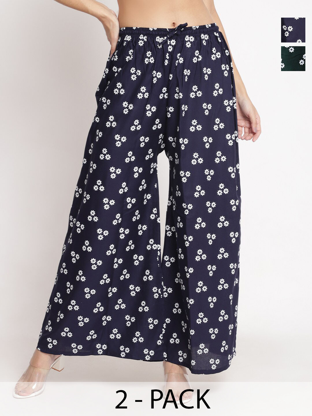 

GRACIT Pack of 2 Floral Printed Flared Fit Palazzos, Green