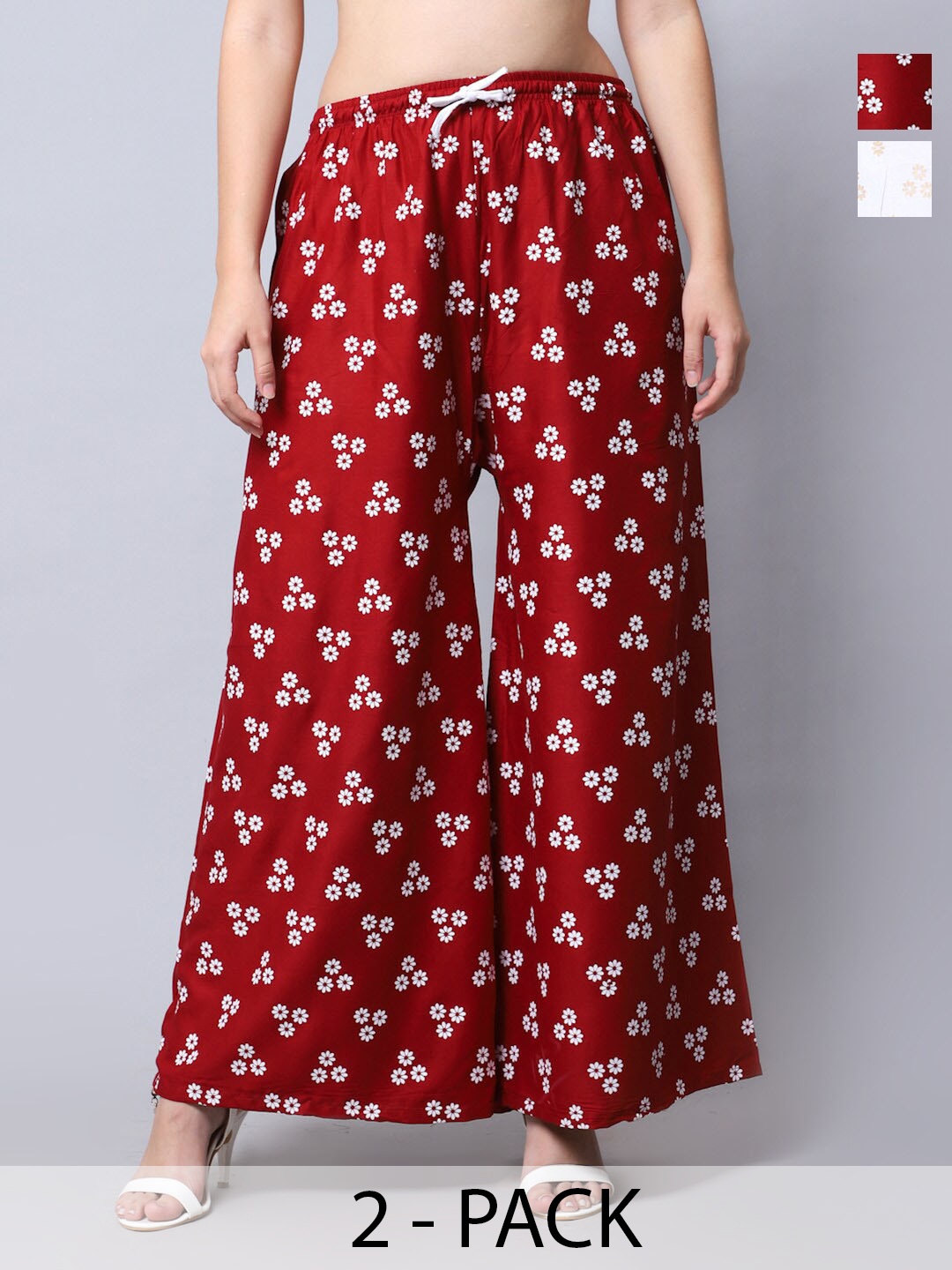 

GRACIT Pack of 2 Floral Printed Flared Ethnic Palazzos, White