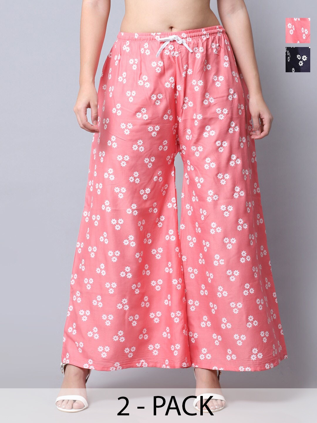

GRACIT Pack Of 2 Floral Printed Flared Knitted Palazzos, Peach