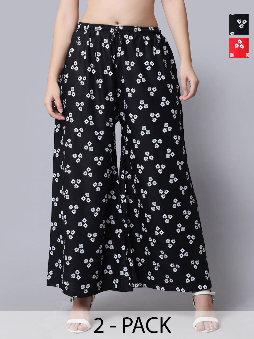 

GRACIT Pack of 2 Floral Printed Flared Ethnic Palazzos, Black