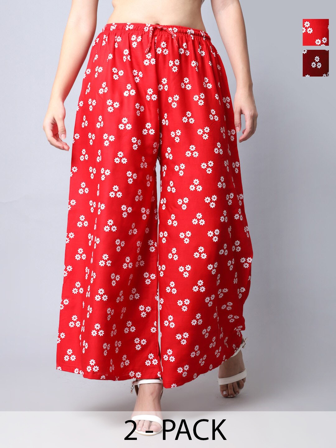 

GRACIT Pack of 2 Floral Printed Flared Ethnic Palazzos, Red