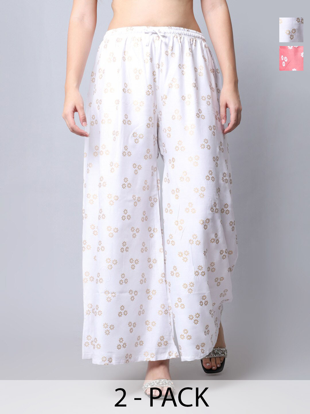 

GRACIT Pack of 2 Floral Printed Flared Ethnic Palazzos, White
