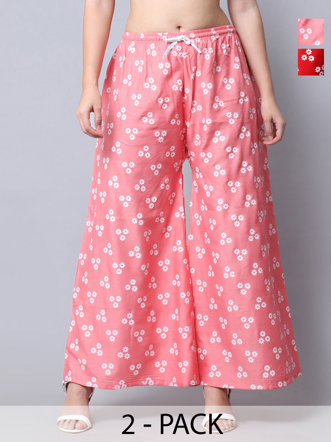 

GRACIT Pack Of 2 Floral Printed Flared Knitted Palazzos, Red