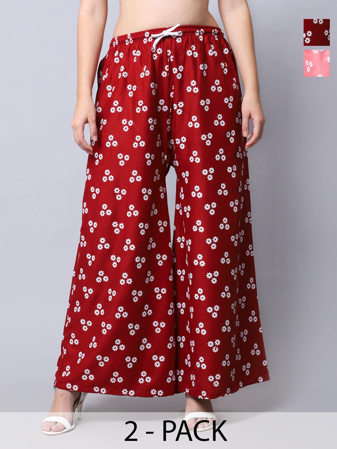 

GRACIT Pack Of 2 Floral Printed Flared Palazzos, Maroon