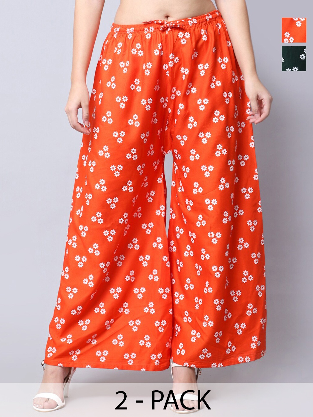 

GRACIT Pack Of 2 Floral Printed Flared Palazzos, Orange