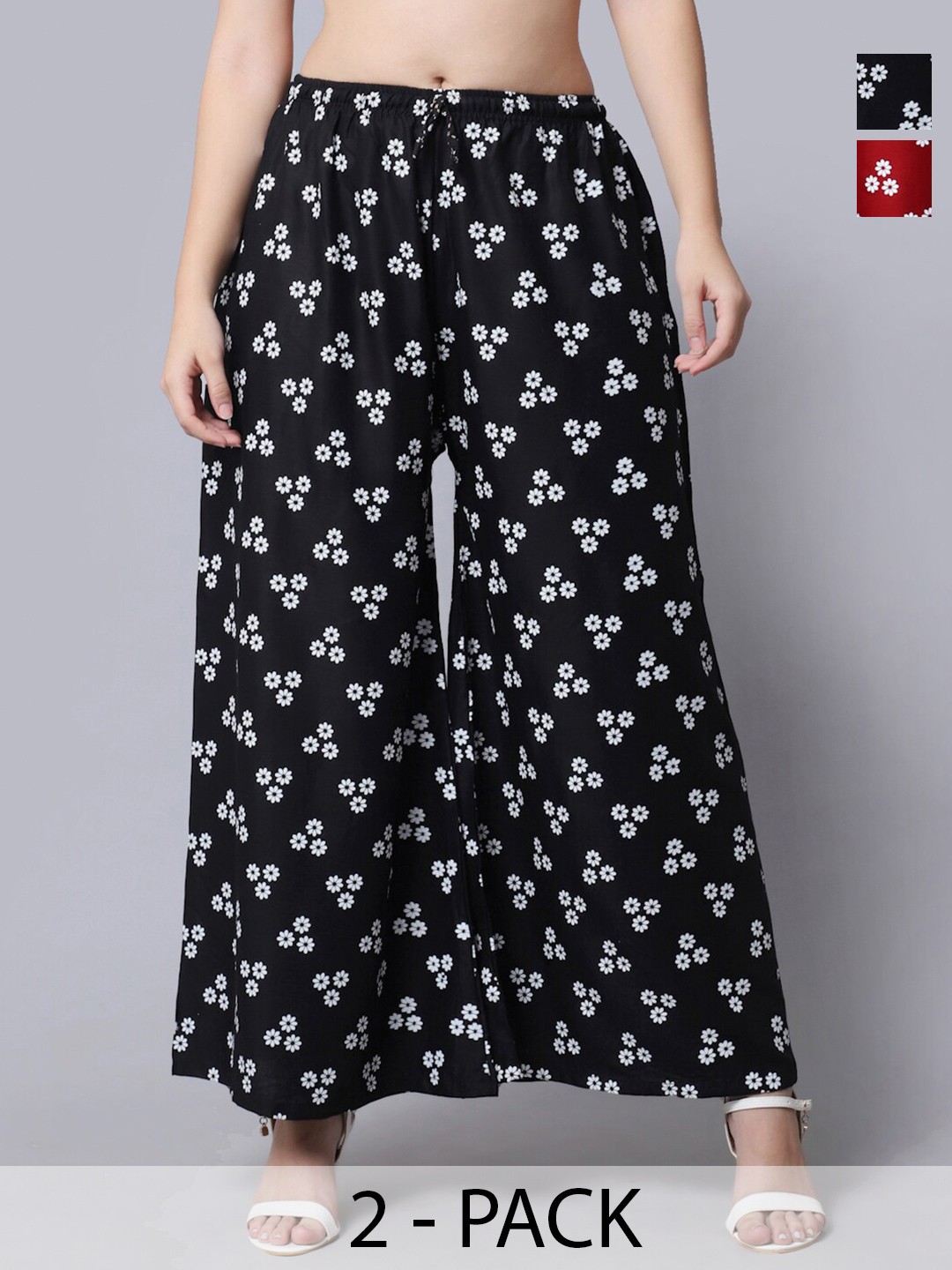 

GRACIT Pack Of 2 Floral Printed Flared Knitted Palazzos, Black
