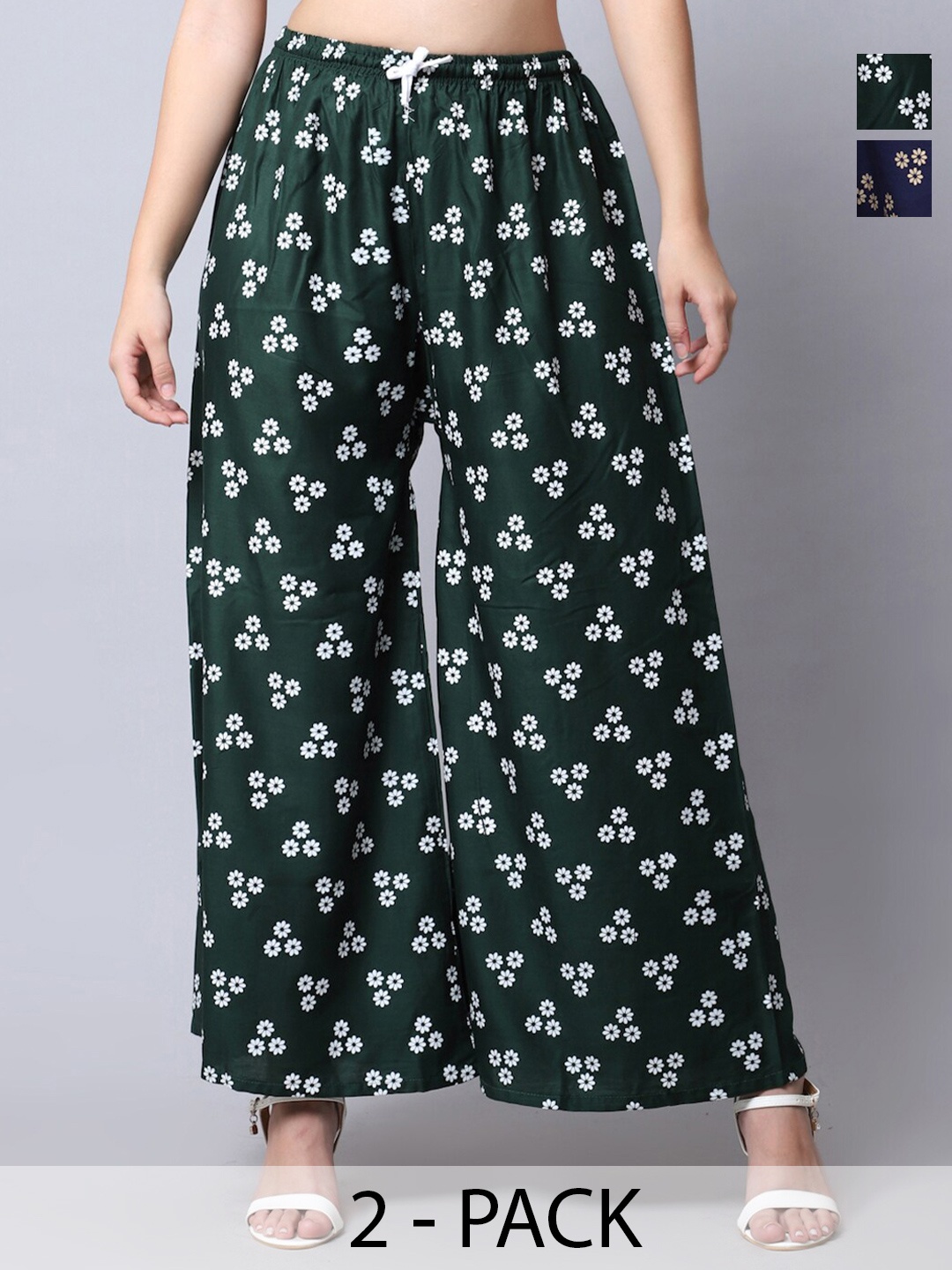 

GRACIT Pack Of 2 Floral Printed Flared Palazzos, Green