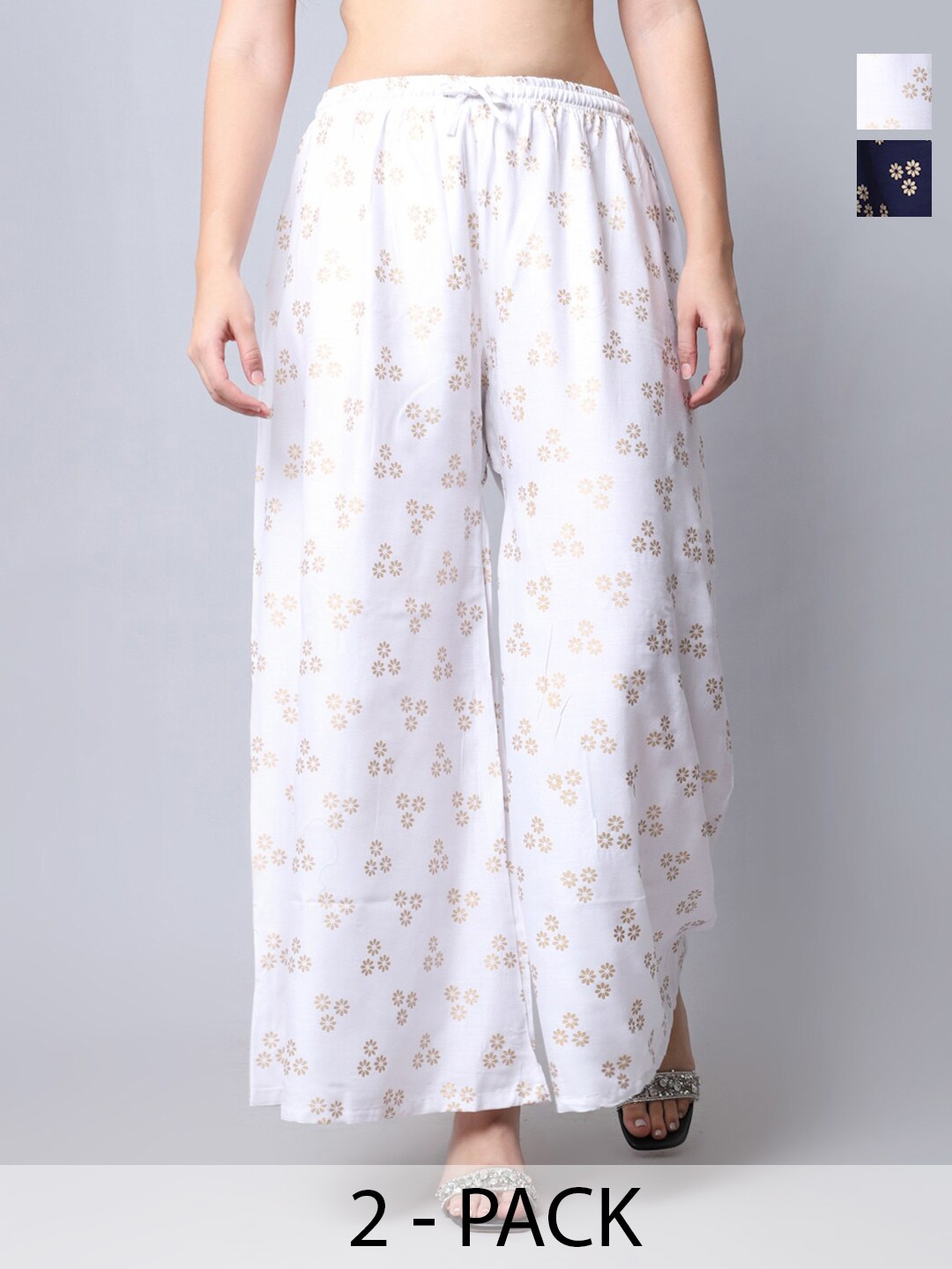 

GRACIT Pack Of 2 Floral Printed Flared Palazzos, White
