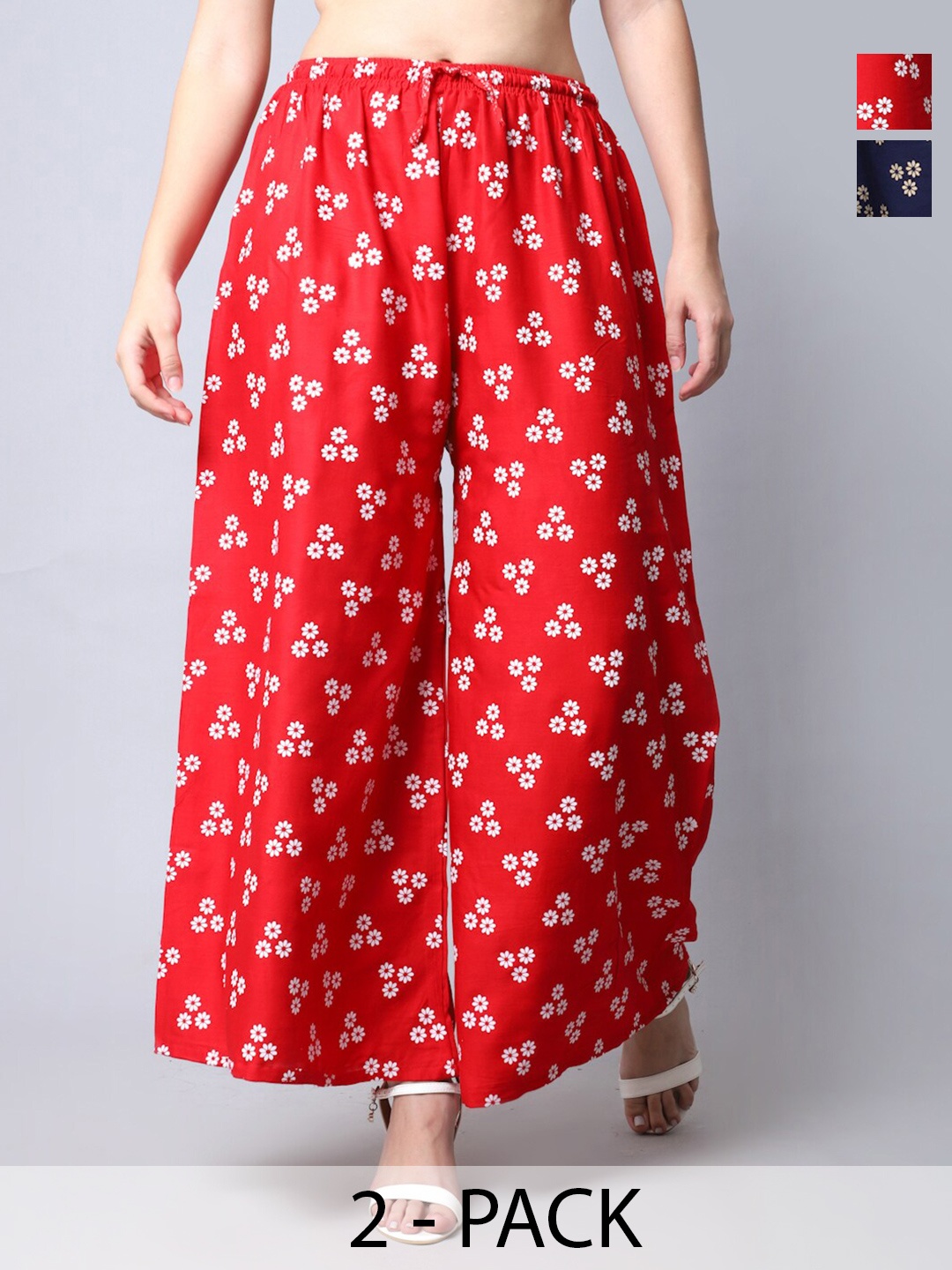 

GRACIT Pack of 2 Floral Printed Flared Ethnic Palazzos, Red