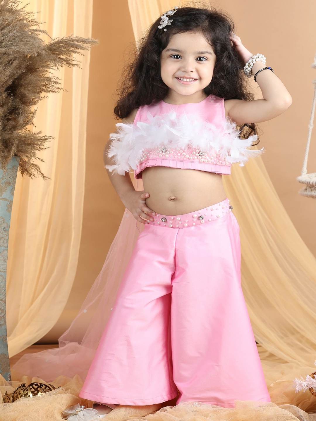 

THE LITTLE CELEBS Girls Embellished Top with Palazzo, Pink