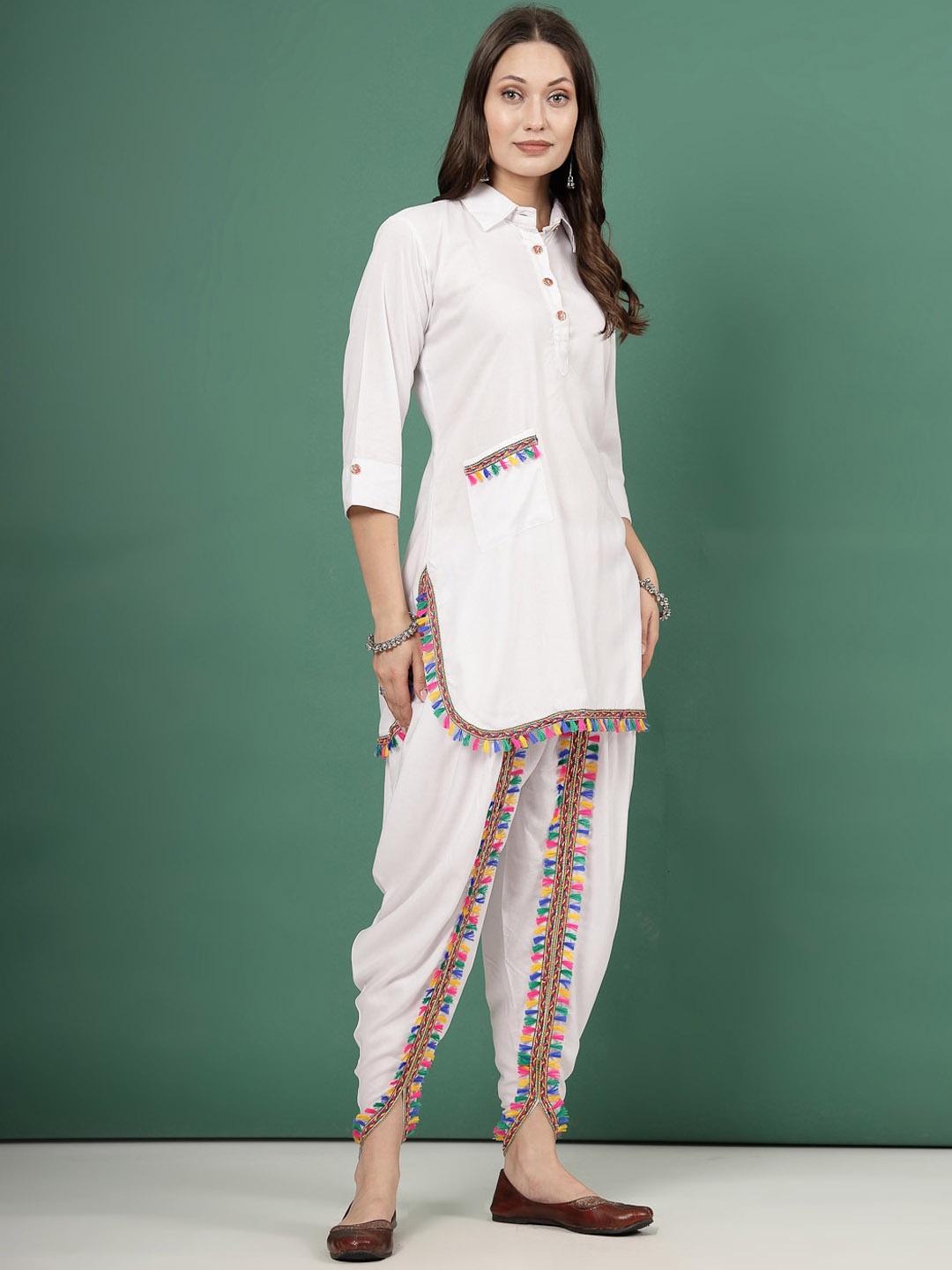 

Clora Creation Lace Embellished Tunic With Dhoti Pant, White