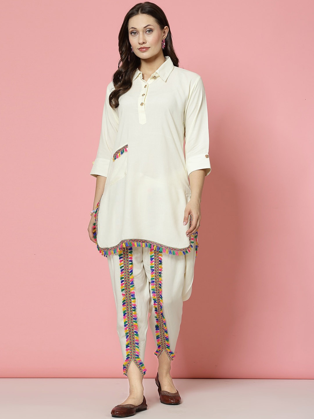 

Clora Creation Lace Embellished Tunic With Dhoti Pant, Off white