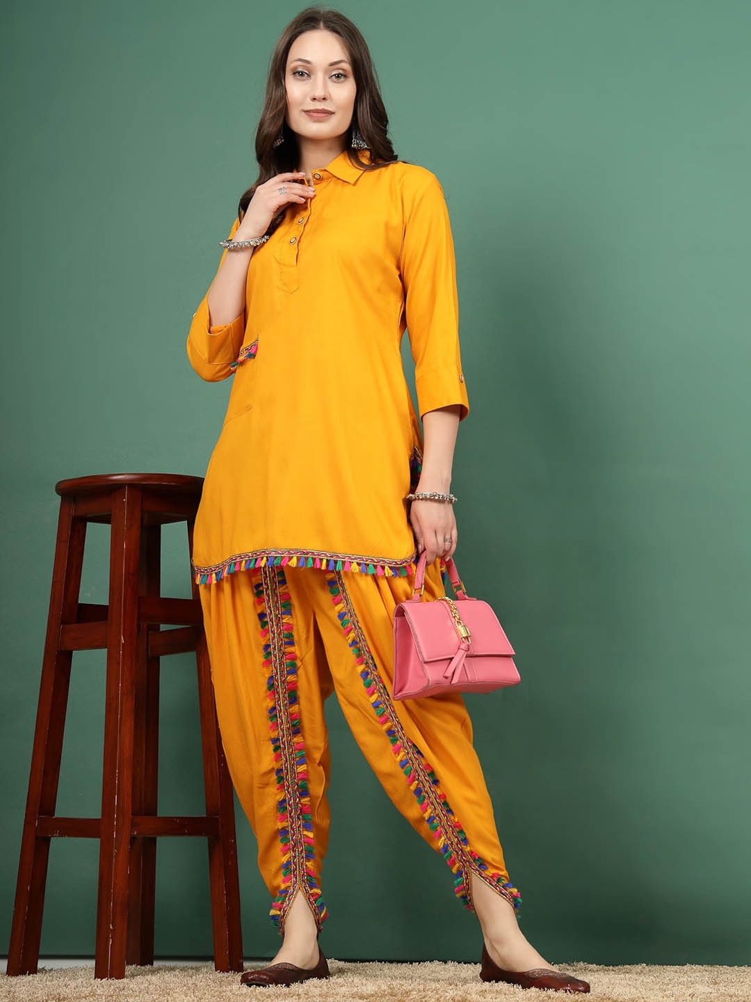 

Clora Creation Lace Embellished Tunic With Dhoti Pant, Mustard