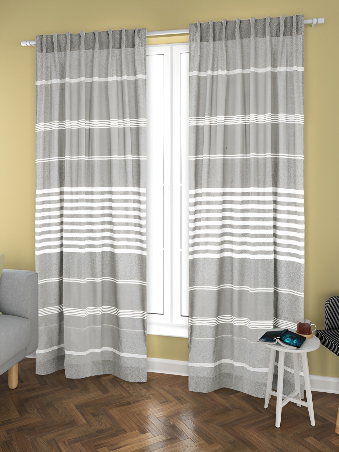 

Aura Grey & White 2 Pieces Striped Cotton Door Curtains