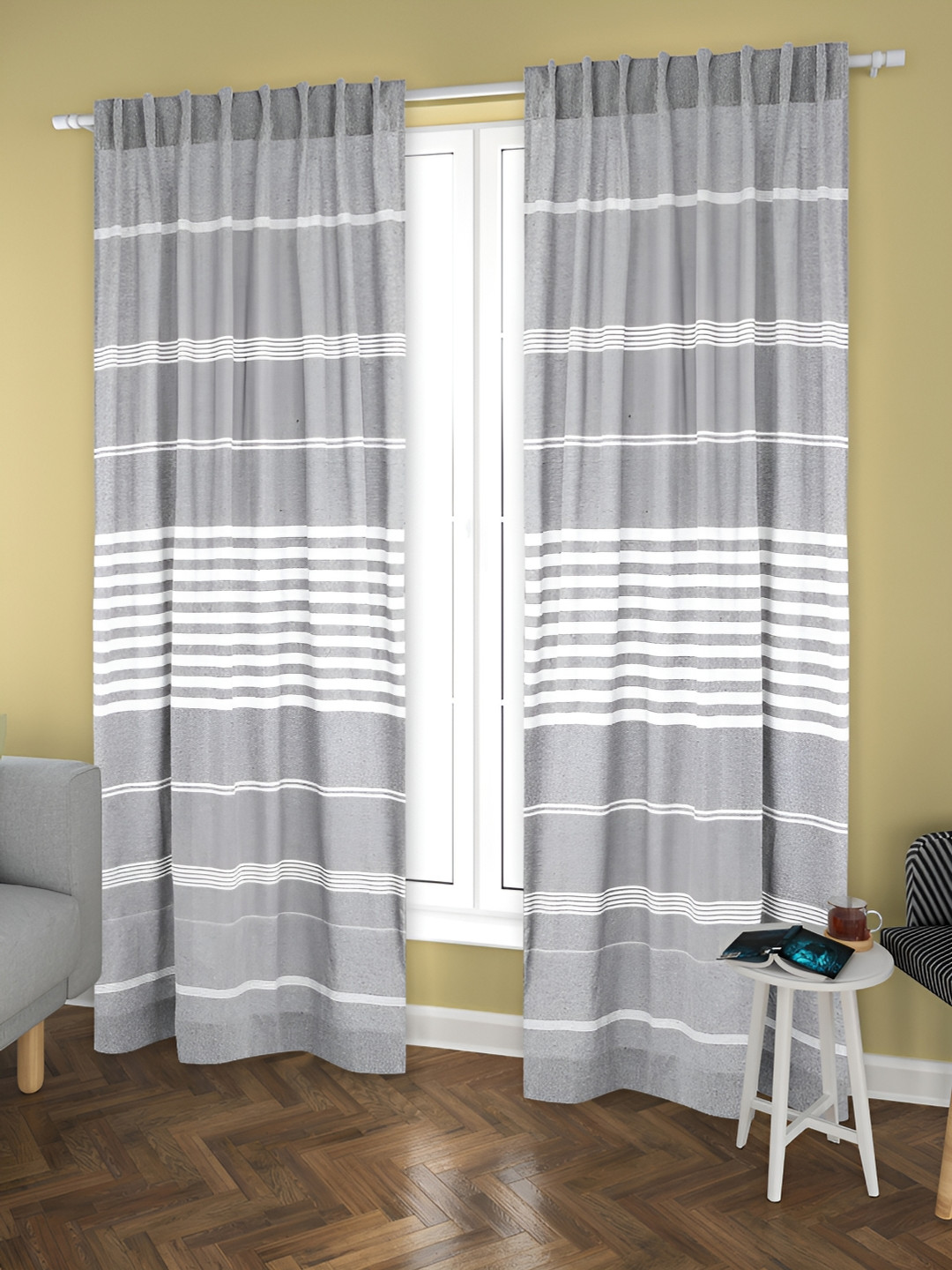 

Aura Grey & White 2 Pieces Striped Cotton Door Curtains