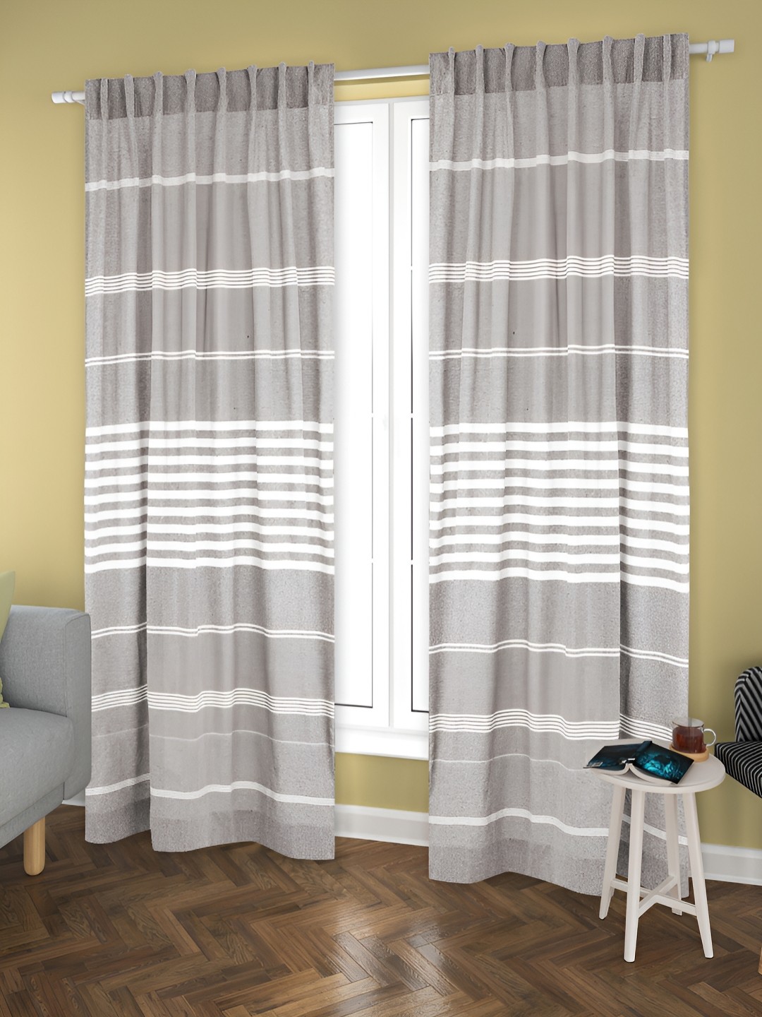 

Aura Grey & White 2 Pieces Striped Cotton Door Curtains