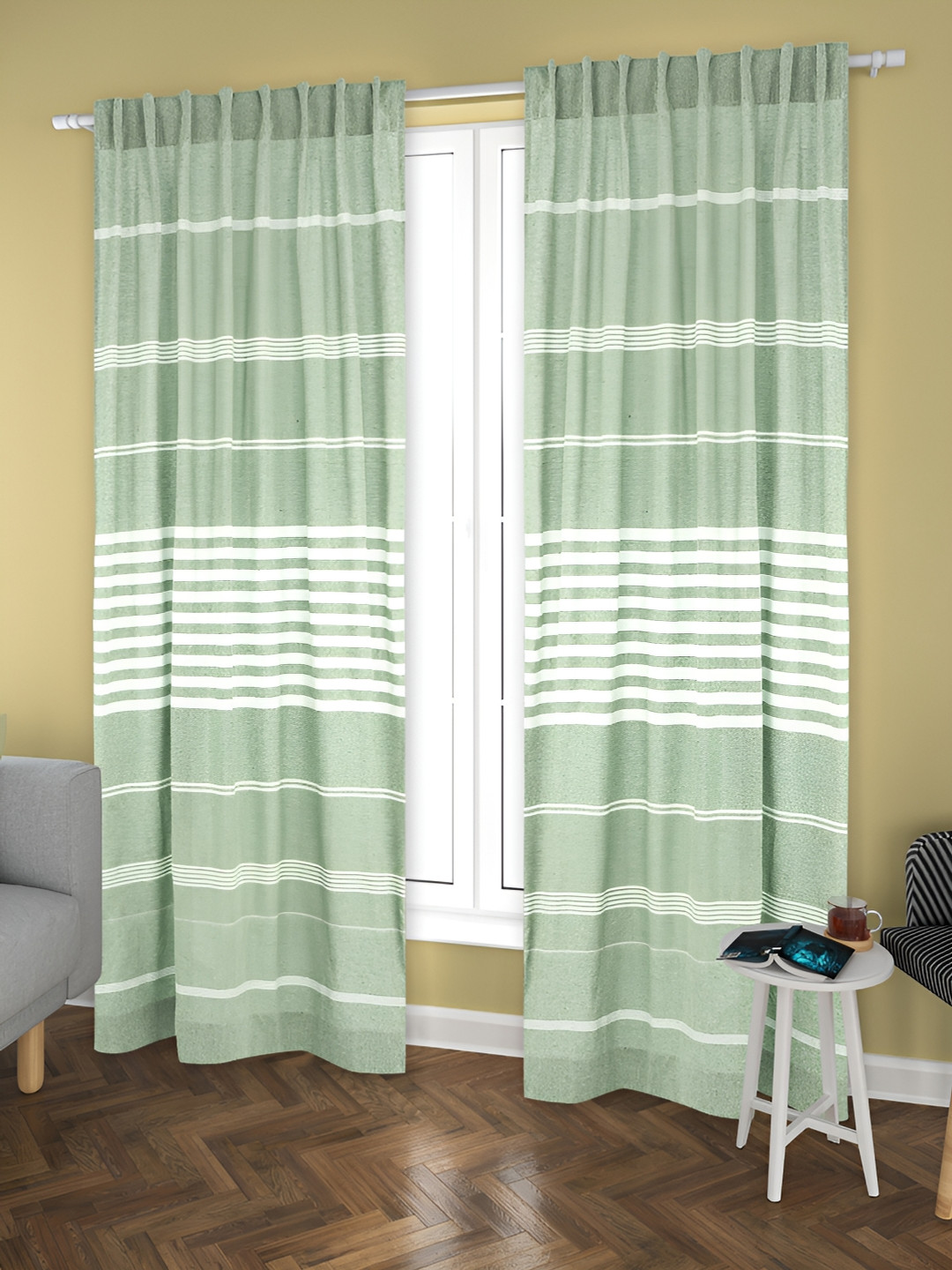 

Aura Green & White 2 Pieces Striped Cotton Door Curtains
