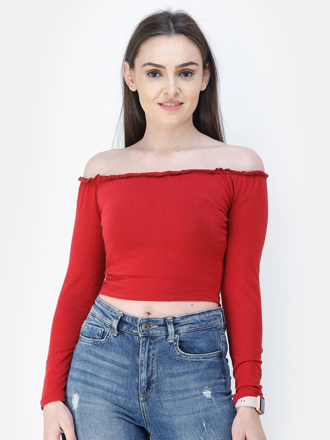 

BAESD Off-Shoulder Cotton Bardot Crop Top, Maroon