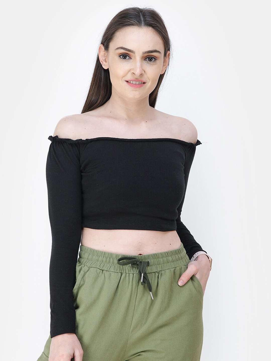 

BAESD Off-Shoulder Cotton Bardot Crop Top, Black