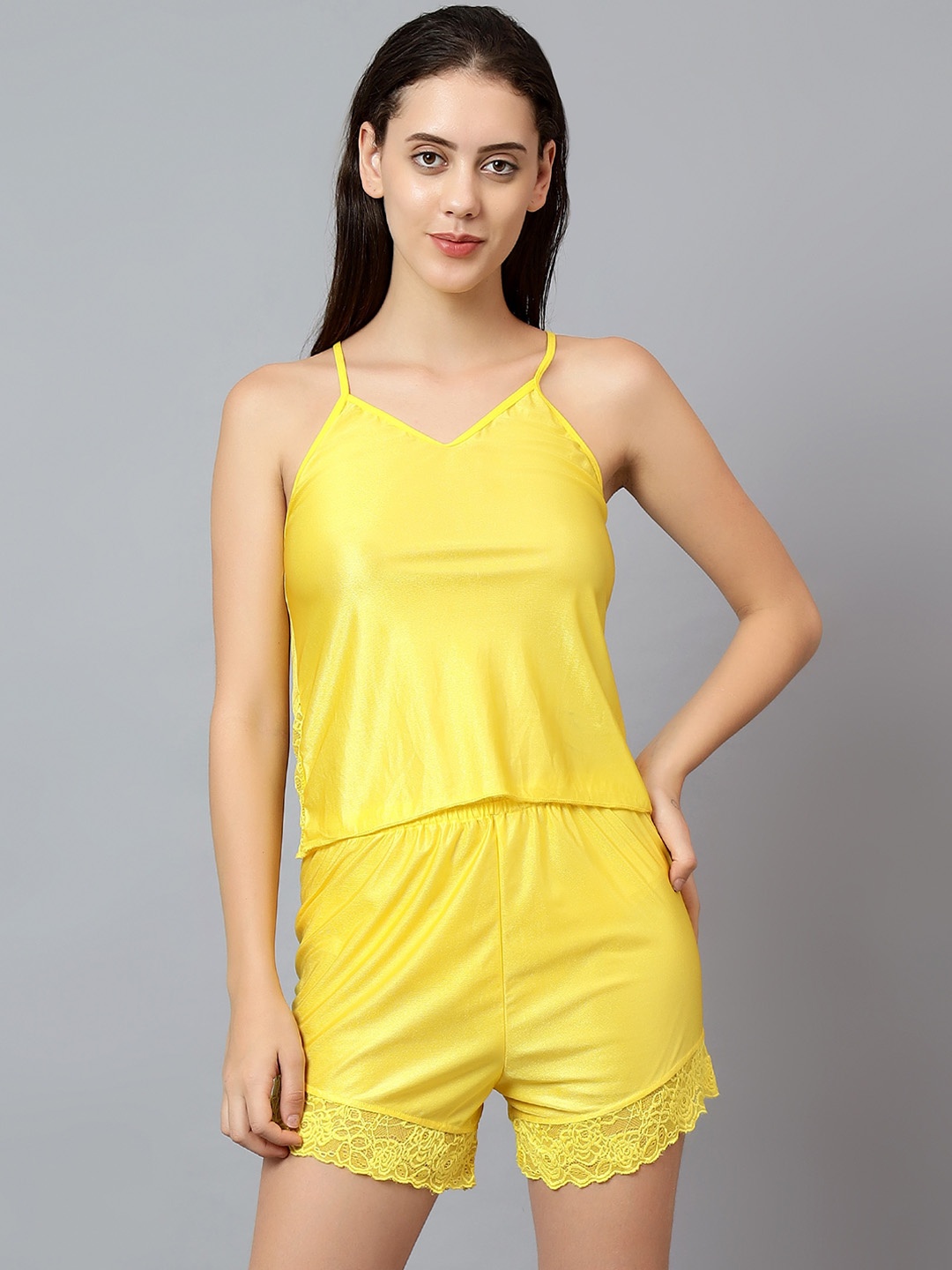 

Velvi FIGURE Shoulder Straps Cami Top And Shorts Night Suit, Yellow