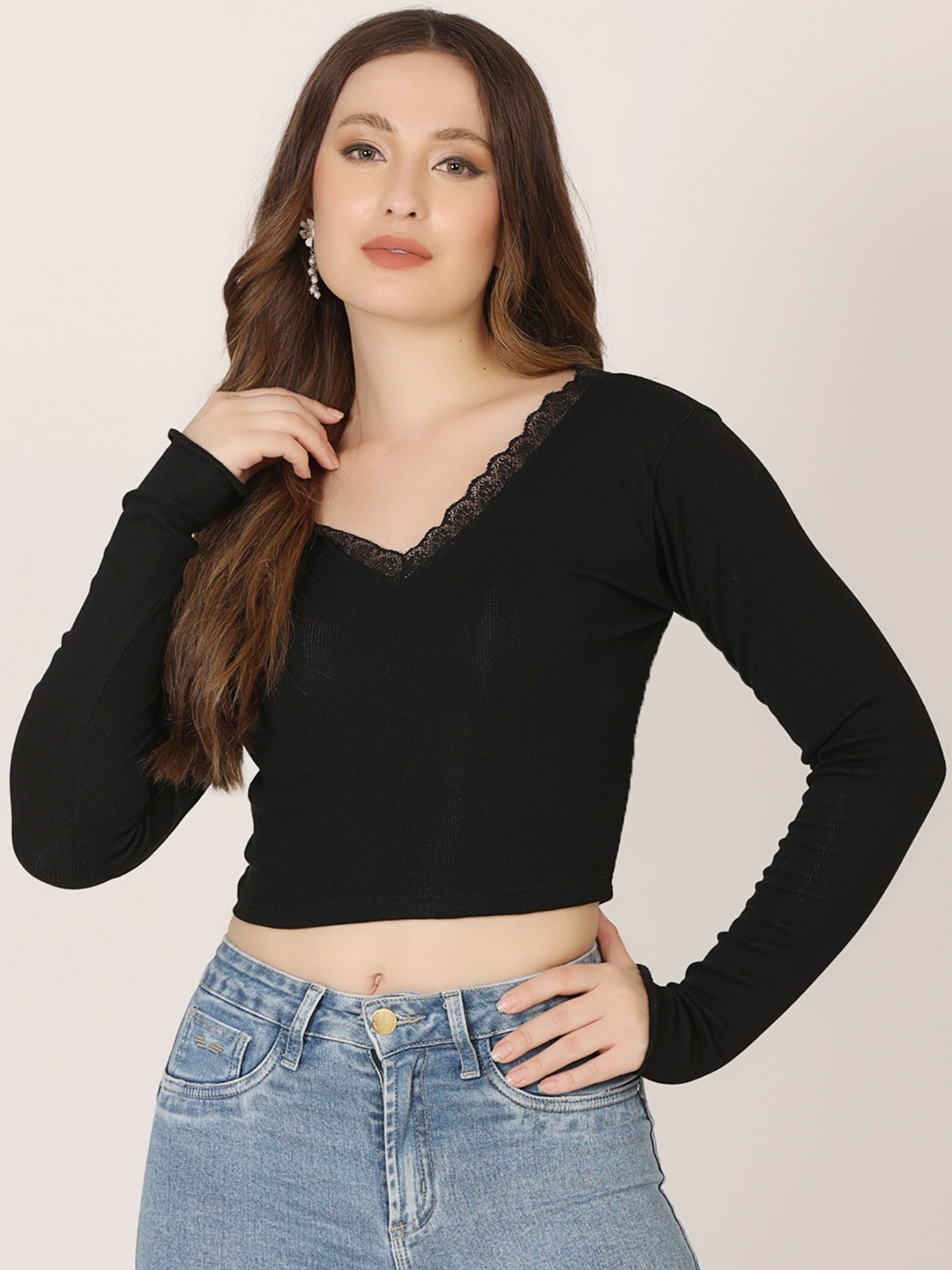 

SIGHTBOMB Cotton Lace-Up Crop Top, Black