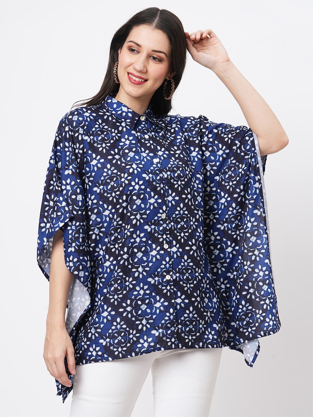 

Hashtag Be Floral Printed Cotton Canvas Shirt Style Top, Blue