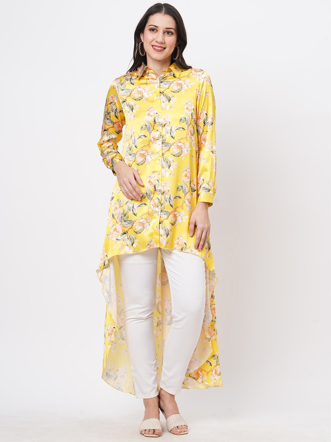 

Hashtag Be Standard Floral Printed Satin Casual Shirt, Yellow