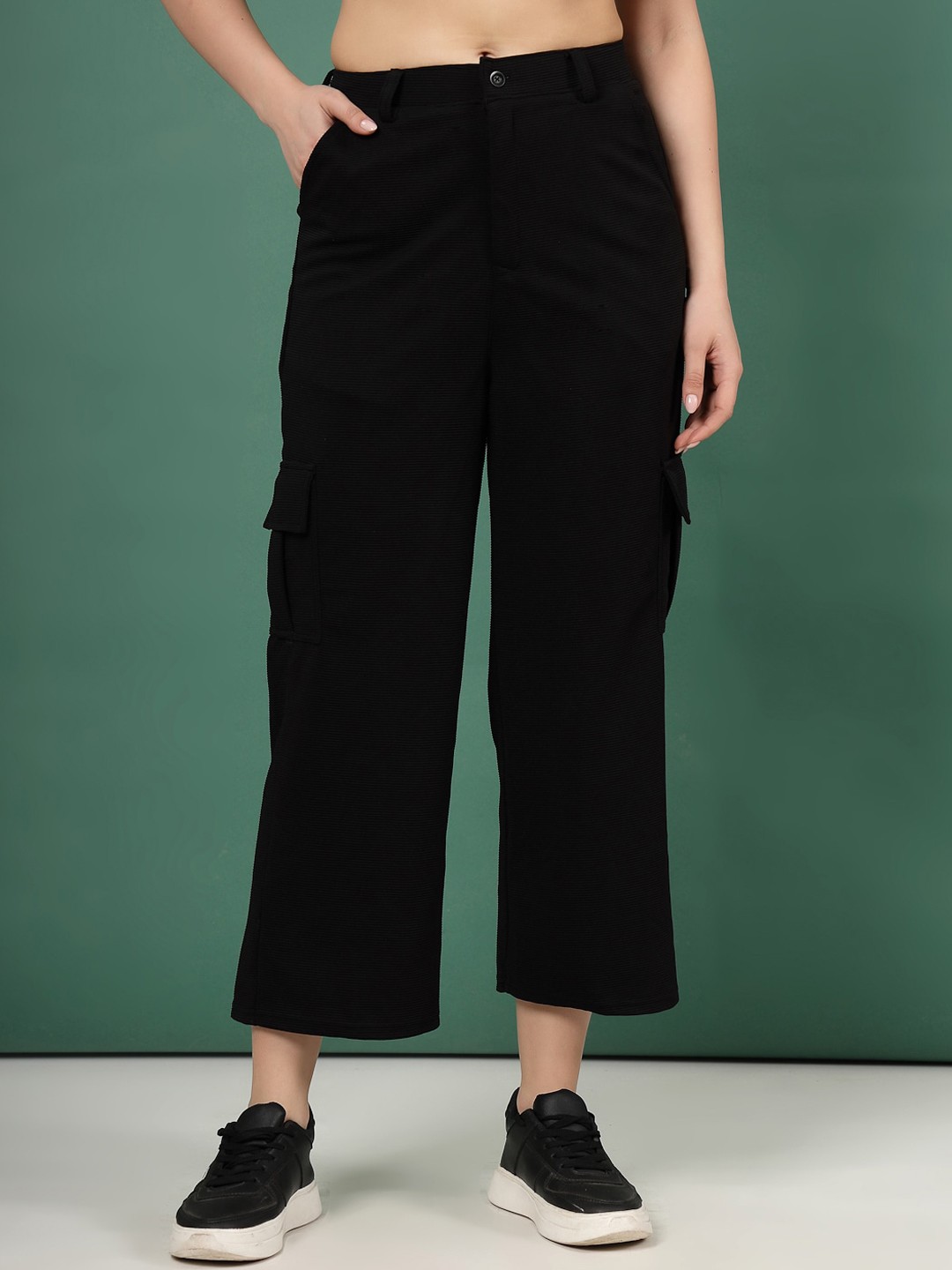 Clora Creation Women Relaxed Mid-Rise Easy Wash Cotton Cargos Trouser, Black