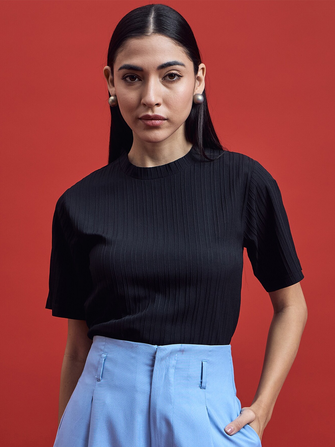 

all about you Black Self Design Striped Round Neck Regular Top