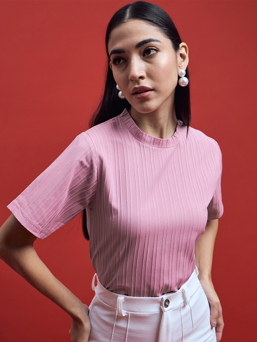 

all about you Pink Self Design Striped Round Neck Regular Top