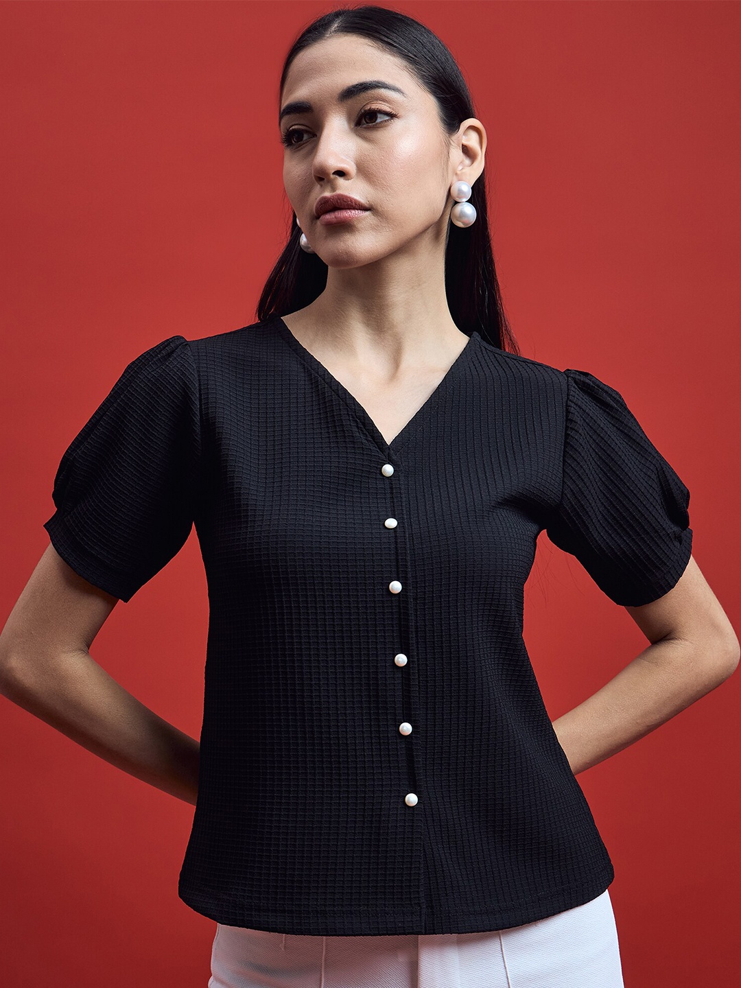 

all about you Black Self Design Checked V-Neck Puff Sleeve Regular Top