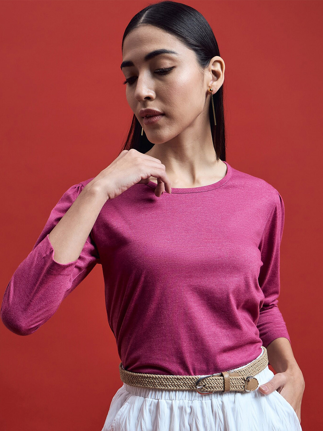 

all about you Pink Round Neck Solid Cotton Regular Top