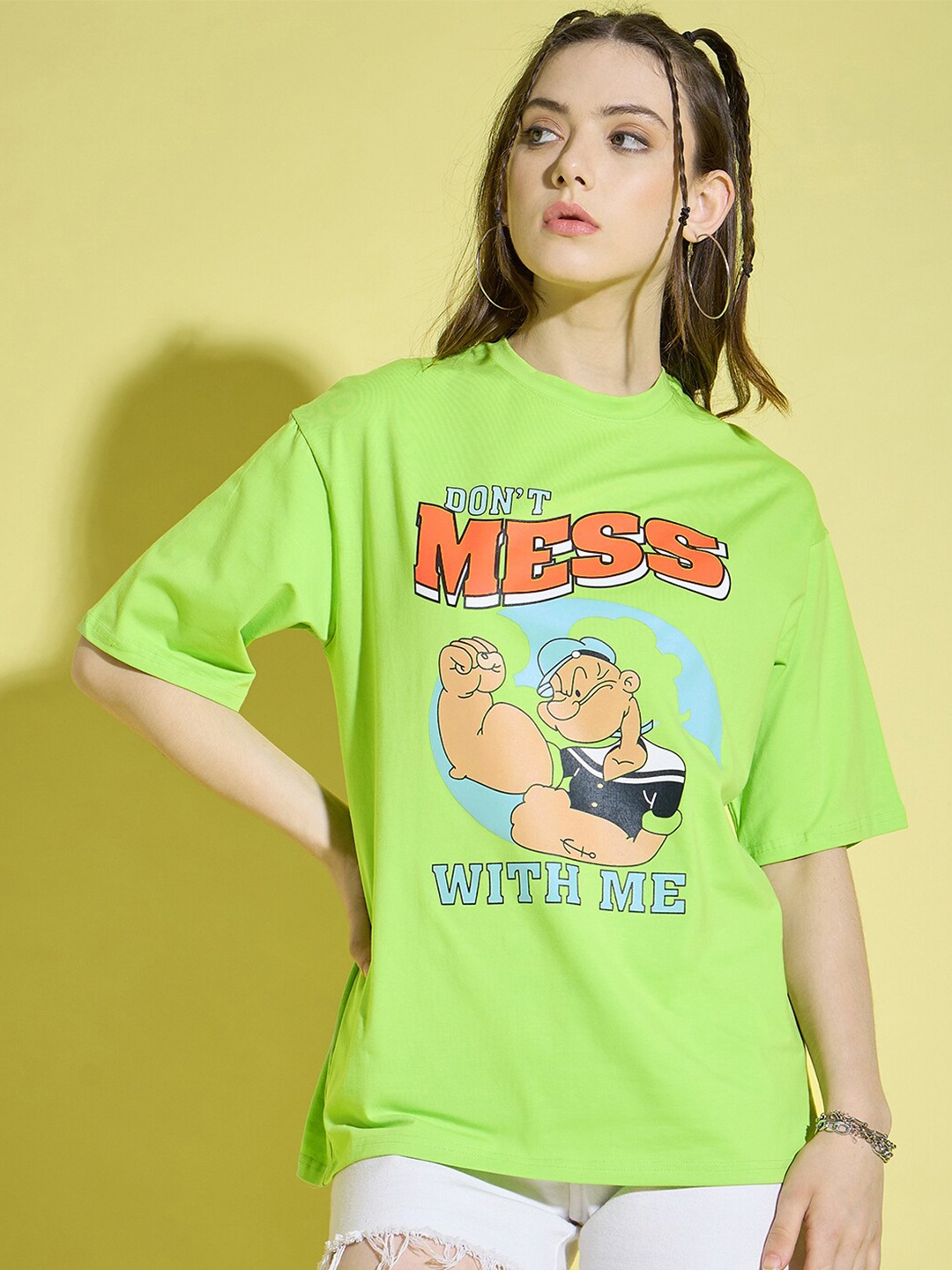 

BUY NEW TREND Printed High Neck Drop-Shoulder Sleeves T-shirt, Green