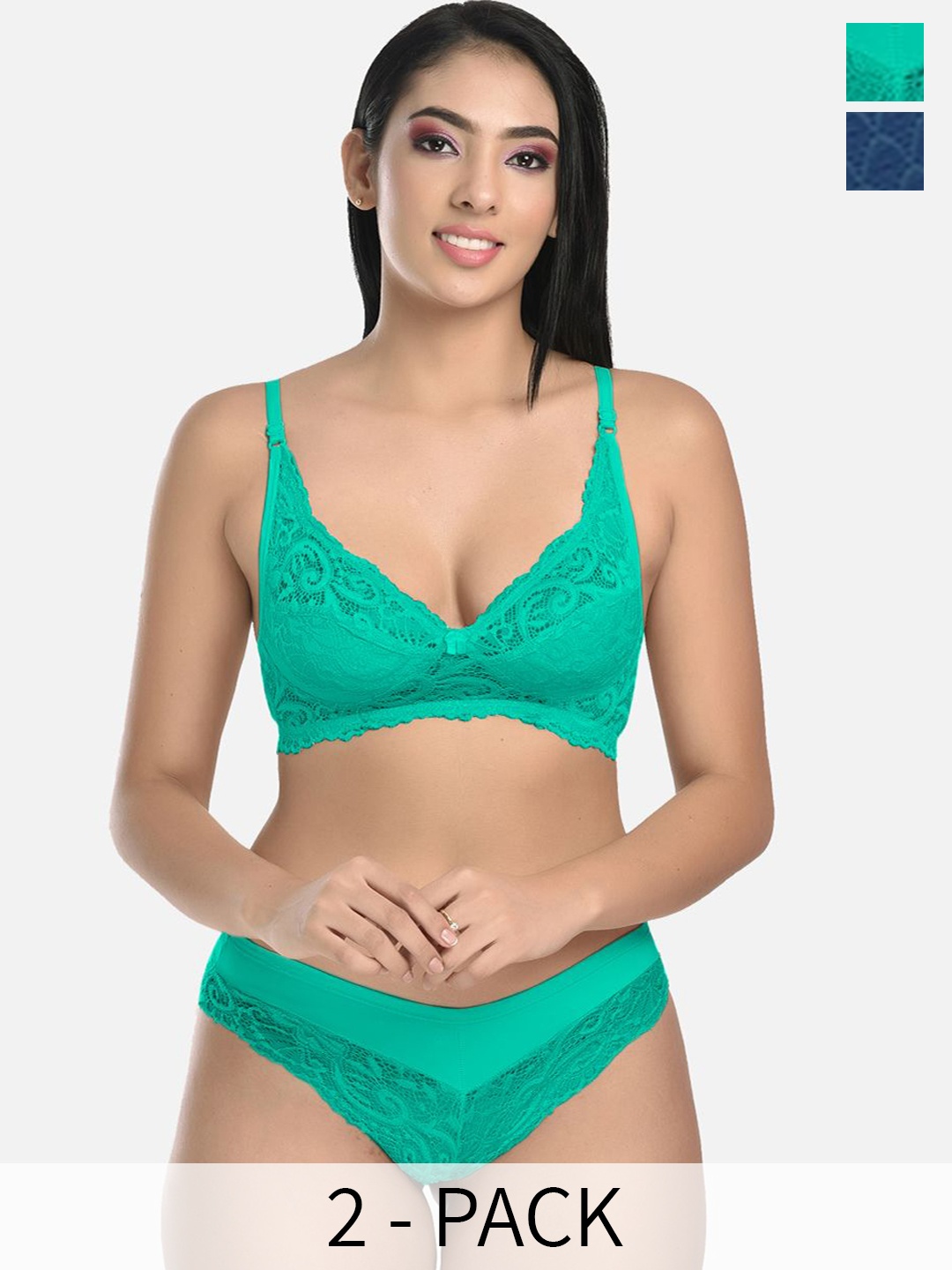 

StyFun Pack Of 2 Self Design Non Padded Bra With Mid-Rise Briefs, Green
