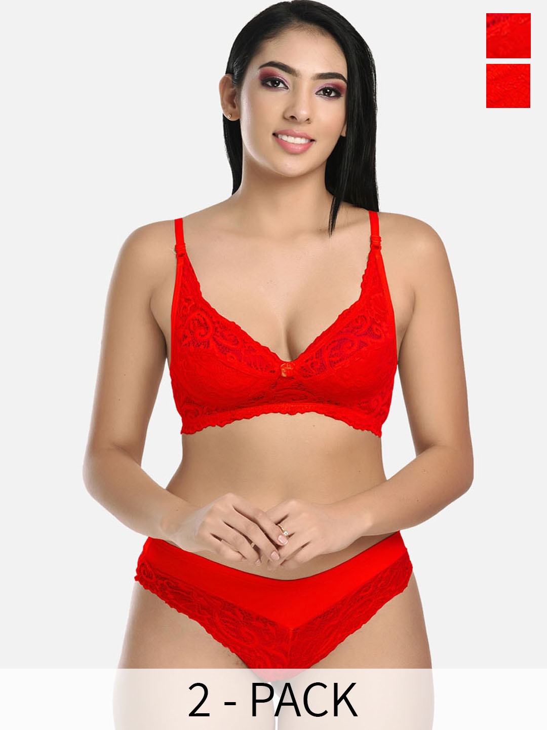 

StyFun Pack Of 2 Self Design Non Padded Bra With Mid-Rise Briefs, Red
