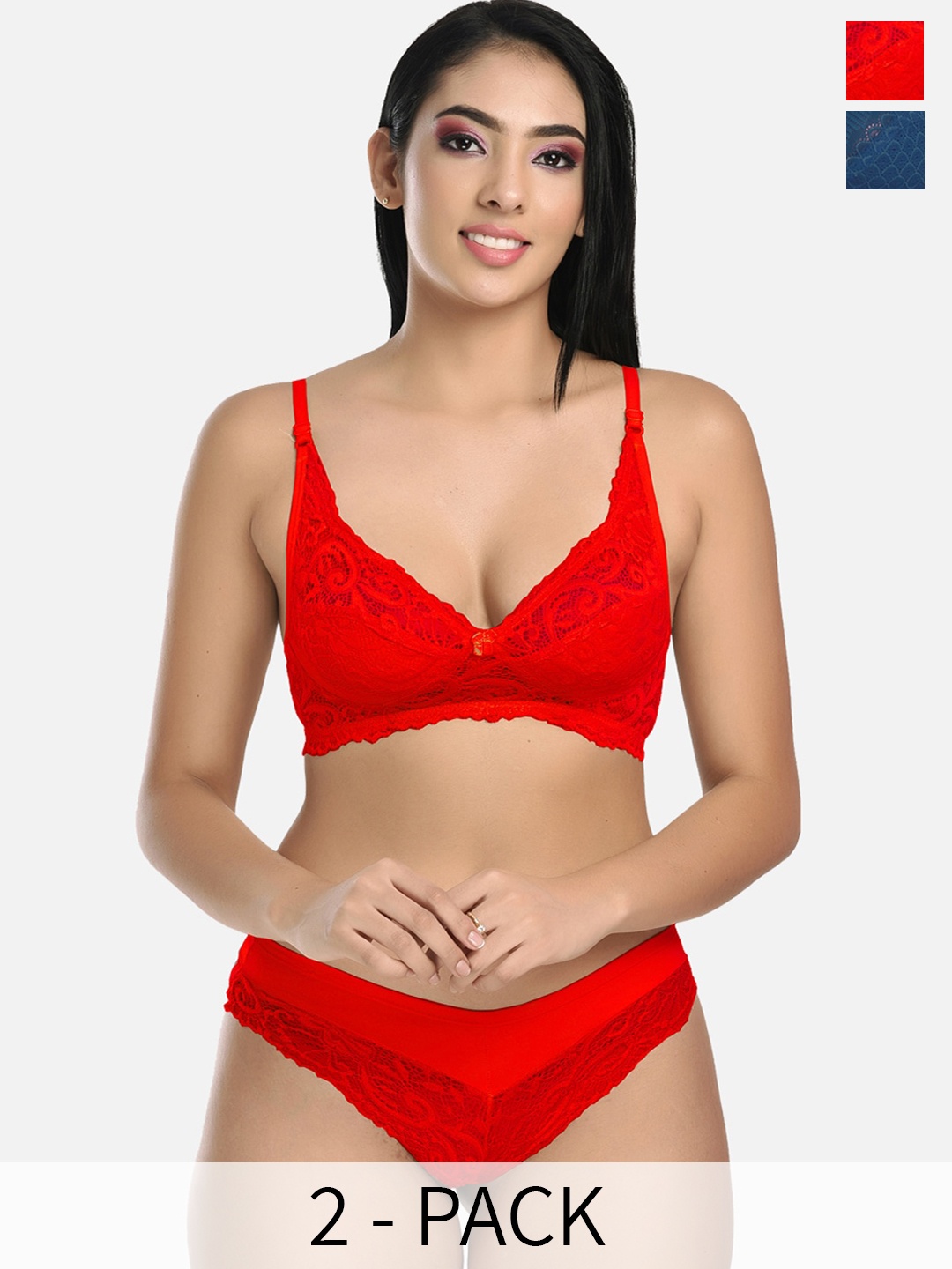 

StyFun Pack Of 2 Self Design Non Padded Lingerie Sets, Red