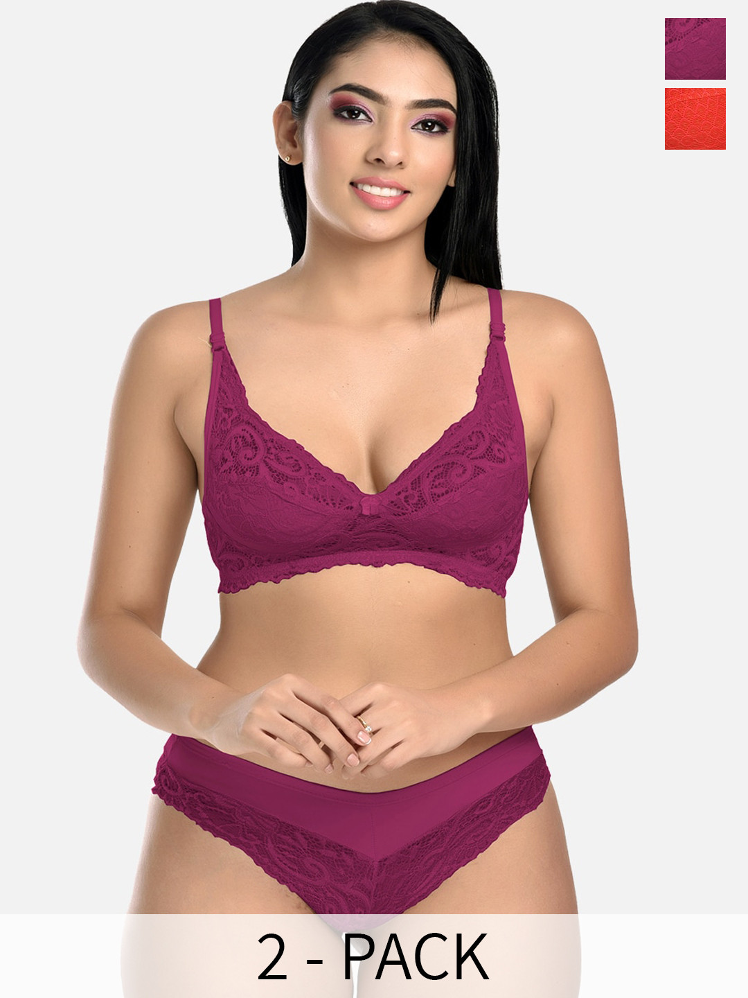 

StyFun Pack Of 2 Self Design Non Padded Bra With Mid-Rise Briefs, Purple