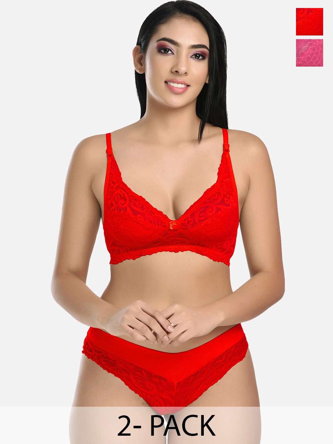 

StyFun Pack Of 2 Self Design Lingerie Set, Red