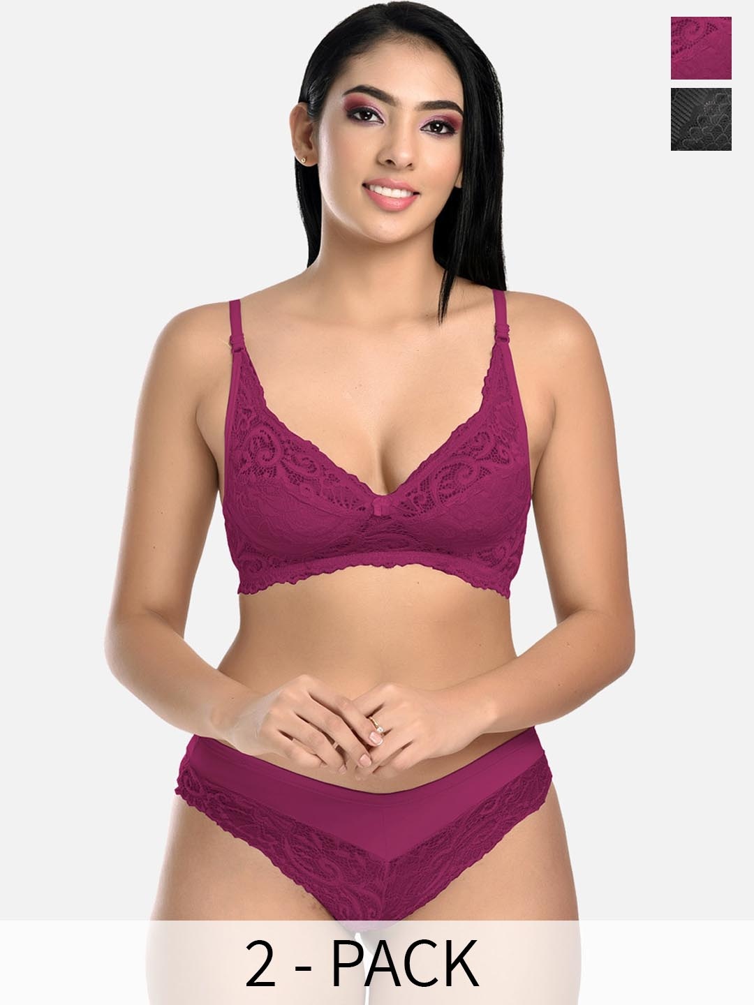 StyFun Pack Of 2 Self Design Lingerie Set, Purple