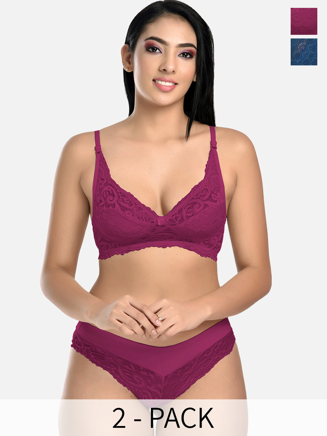 

StyFun Pack Of 2 Lace Net Non Padded Bra & Mid-Rise Brief, Purple