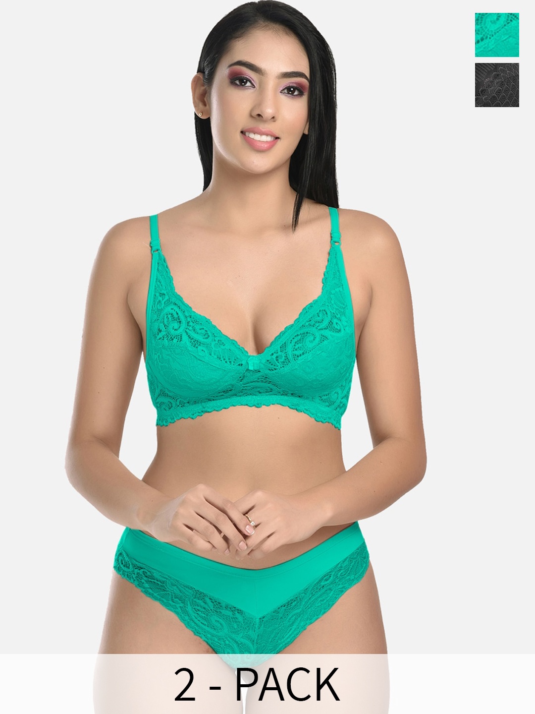 

StyFun Pack Of 2 Self Design Non Padded Bra With Mid-Rise Briefs, Green