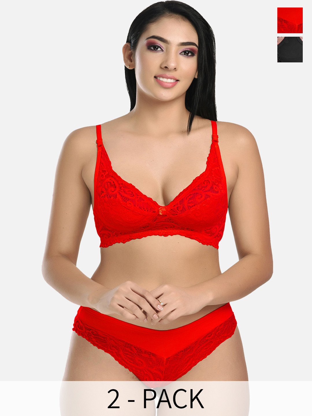 

StyFun Pack of 2 Floral Self-Design Lace Non Padded Lingerie Sets, Red